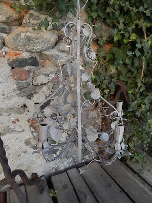LAMPADARIO SOFFITTO ANTICO LIBERTY FOGLIE FIORI FERRO BATTUTO SHABBY CHIC GRIGIO