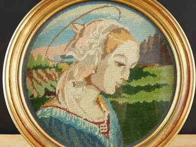 VINTAGE PREZIOSO RICAMO A MANO PICCOLO PUNTO RITRATTO MADONNA CON CORNICE