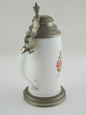 ANTICO PREZIOSO BIEDERMEIER XIX SECOLO BOCCALE BIRRA VETRO OPALINO DIPINTO MANO