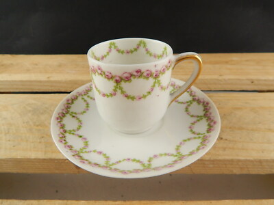 ANTICA TAZZA PORCELLANA ART NOUVEAU LIBERTY GDA LIMOGES PRIMO 900 GHIRLANDE ROSE