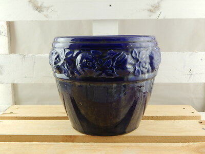 ANTICO ARTIGIANALE CACHE POT VASO JARDINIERE MAIOLICA CERAMICA SMALTATO BLU 1733