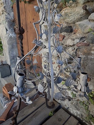 LAMPADARIO SOFFITTO ANTICO LIBERTY FOGLIE FIORI FERRO BATTUTO SHABBY CHIC GRIGIO
