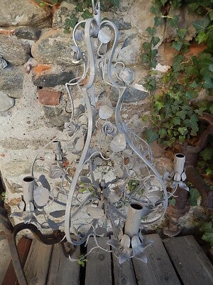 LAMPADARIO SOFFITTO ANTICO LIBERTY FOGLIE FIORI FERRO BATTUTO SHABBY CHIC GRIGIO