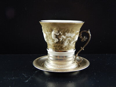 PREZIOSA TAZZINA BASE E PIATTINO ARGENTO 800 PORCELLANA MAS REGIO CAPODIMONTE