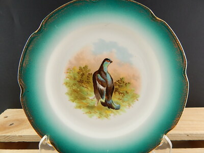 ANTICO FINE 800 PIATTO PORCELLANA AUSTRIA VIENNA VERDE E ORO DIPINTO UCCELLO