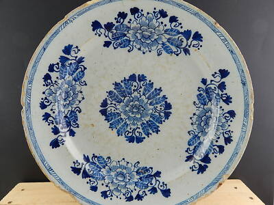 ANTICO GRANDE PIATTO CERAMICA FAIENCE DELFT COLLEZIONE XVIII SECOLO BIANCO BLU