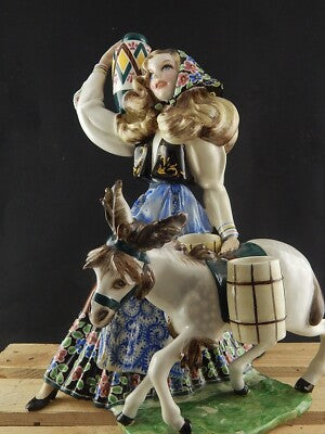 ANTICA SCULTURA TIZIANO GALLI MADE IN ITALY CERAMICA FINE ANNI 30 DONNA E ASINO