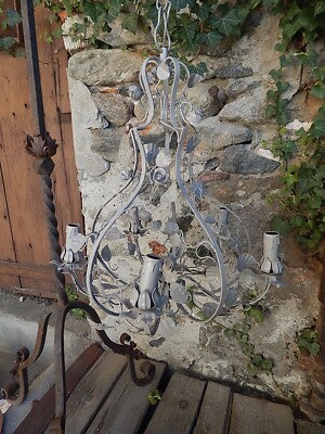 LAMPADARIO SOFFITTO ANTICO LIBERTY FOGLIE FIORI FERRO BATTUTO SHABBY CHIC GRIGIO