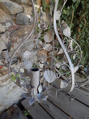 LAMPADARIO SOFFITTO ANTICO LIBERTY FOGLIE FIORI FERRO BATTUTO SHABBY CHIC GRIGIO