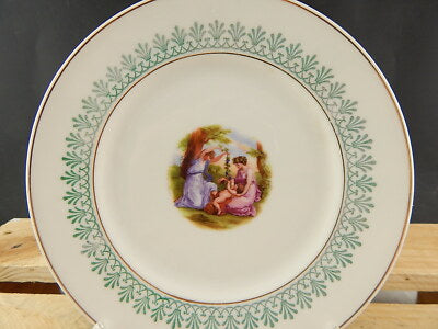 ANTICO PIATTO IMPERO PORCELLANA BIANCA DECORO PALMETTE VERDI DIPINTO A. KAUFFMAN