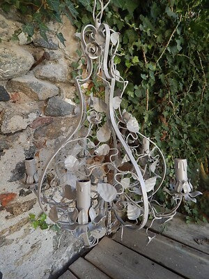 LAMPADARIO SOFFITTO ANTICO LIBERTY FOGLIE FIORI FERRO BATTUTO SHABBY CHIC GRIGIO