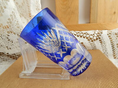 ANTICO RARO BICCHIERE BOCCALE CRISTALLO ART DECO BLU INCISO PUNTA DIAMANTE