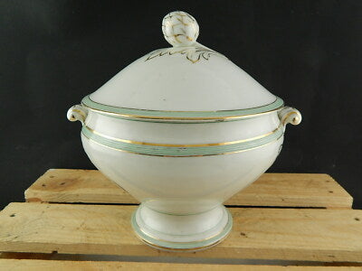 ANTICA ELEGANTE ZUPPIERA PORCELLANA VIEUX PARIS BIANCA DECORI VERDE ORO FINE 800