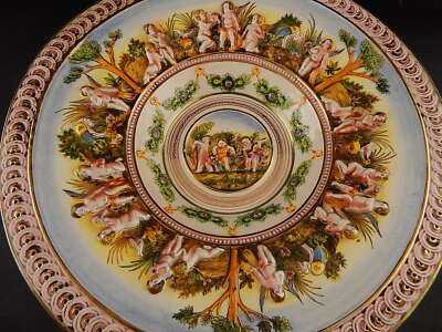VINTAGE PREZIOSO PIATTO PARATA CENTROTAVOLA CERAMICA CAPODIMONTE PUTTI A SBALZO