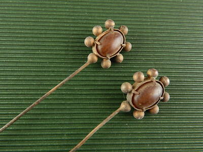ACCESSORI ABBIGLIAMENTO EPOCA VITTORIANA ANTICA COPPIA SPILLONI CAPPELLO AMBRA #