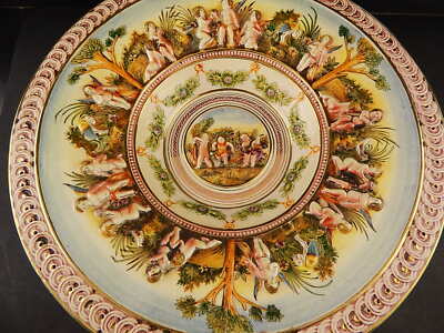 VINTAGE ELEGANTE PIATTO PARATA CENTROTAVOLA CERAMICA CAPODIMONTE PUTTI A SBALZO