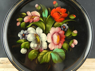 VINTAGE RETRO AUTENTICO VASSOIO GUANTIERA RUSSO METALLO DIPINTO A MANO FLOREALE