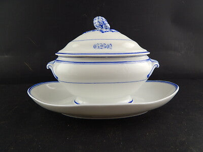 ANTICO PREZIOSA SALSIERA PORCELLANA DI PARIGI PROFILI BLU FINE 800 MONOGRAMMA