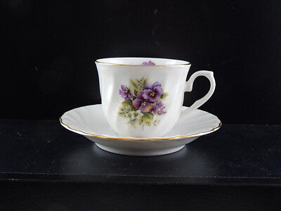 RARA PORCELLANA INGLESE NORFOLK VINTAGE TAZZA TÈ E PIATTINO DECORO VIOLETTE