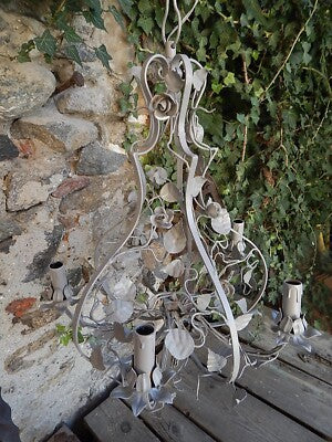 LAMPADARIO SOFFITTO ANTICO LIBERTY FOGLIE FIORI FERRO BATTUTO SHABBY CHIC GRIGIO