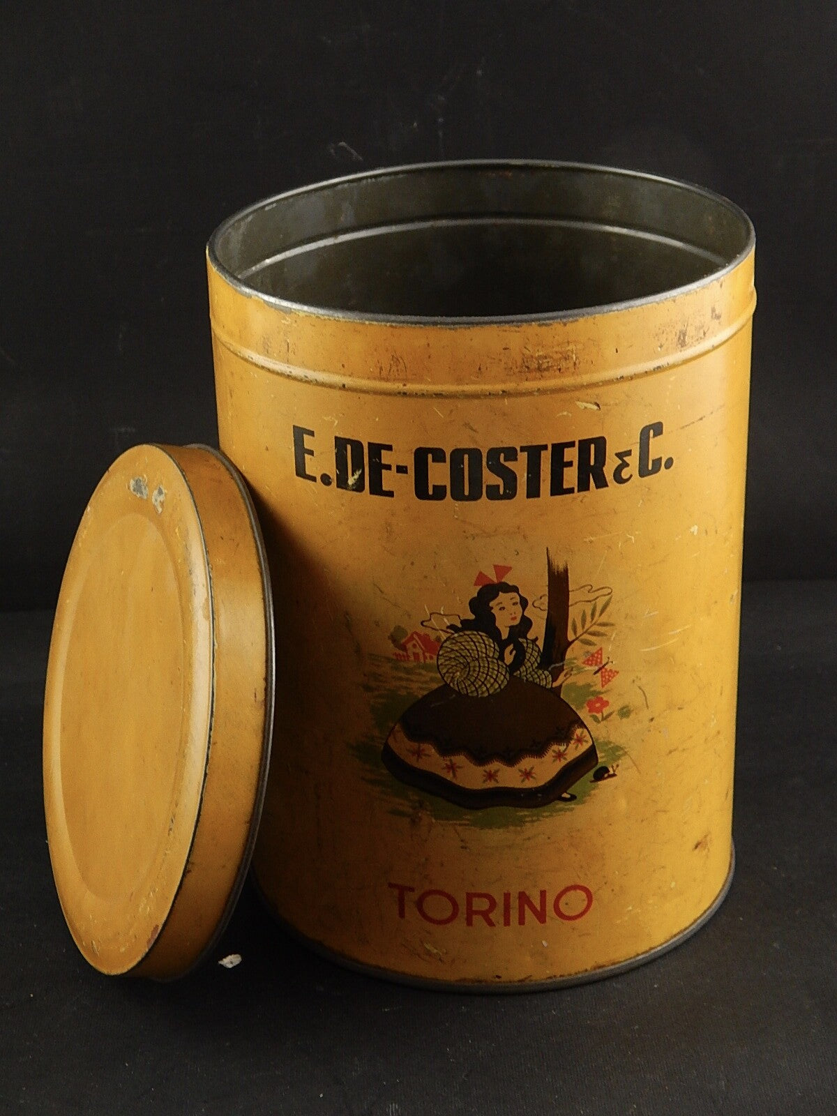 PUBBLICITARIO ANTICA SCATOLA LATTA STAMPATA CARAMELLE E. DE COSTER & C. TORINO