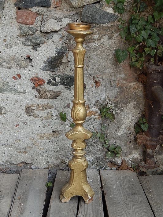 ANTICO ARTE SACRA CANDELABRO CANDELIERE TORCIERA LEGNO SCOLPITO DORATO XIX SEC