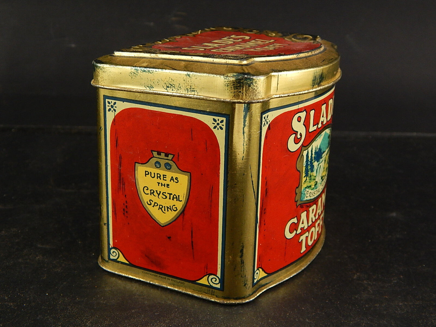 PUBBLICITARIO RARA VINTAGE SCATOLA LATTA MADE ENGLAND SLADE'S CARAMEL TOFFY