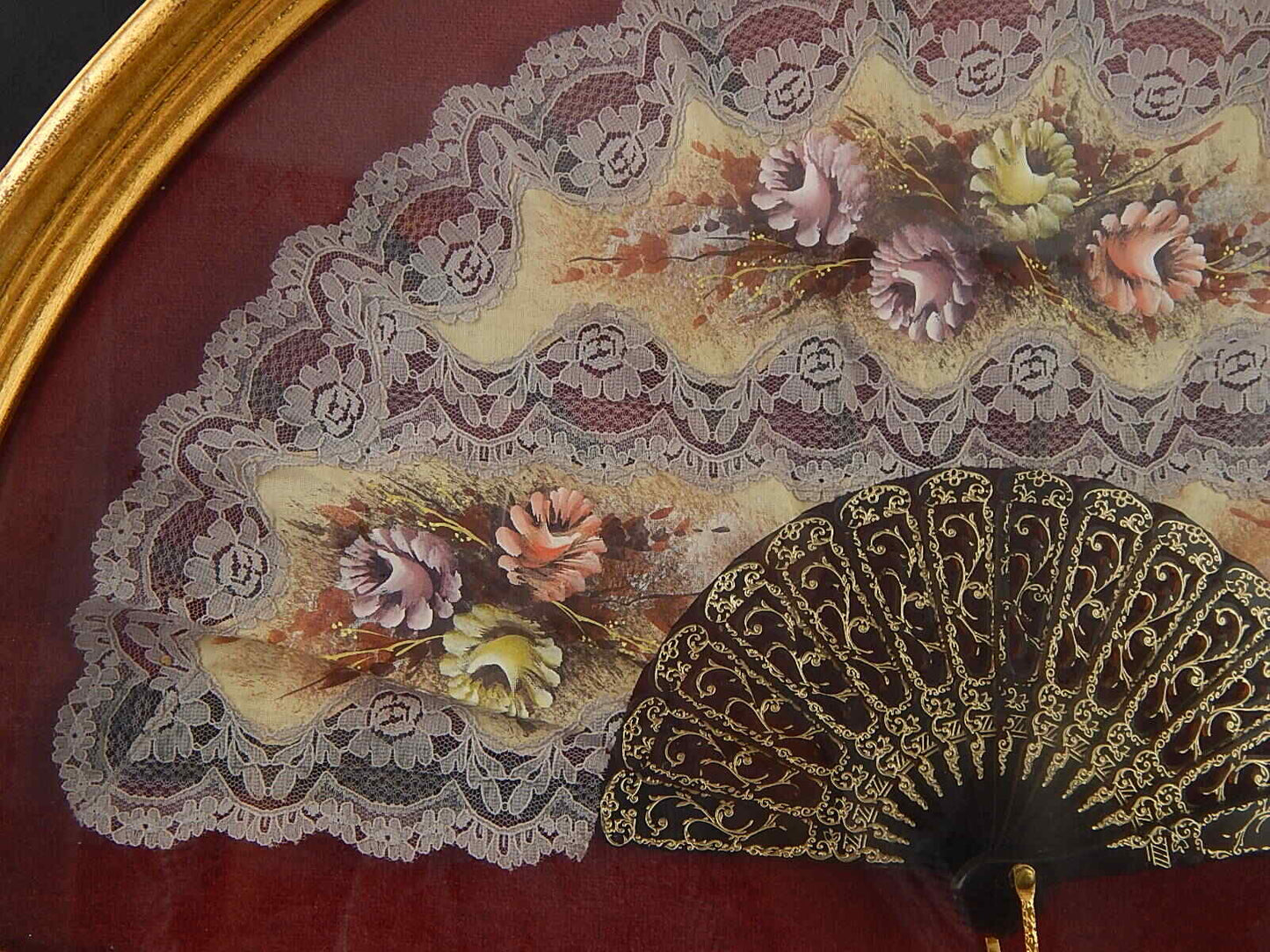 PREZIOSO ELEGANTE VENTAGLIO PIZZO E FIORI DIPINTI CON VENTAGLIERA COLLEZIONE