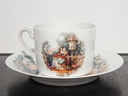 ANTICA PRIMA META' 900 LIMOGES TAZZA TE' PORCELLANA BIANCA CON SCENA GALANTE