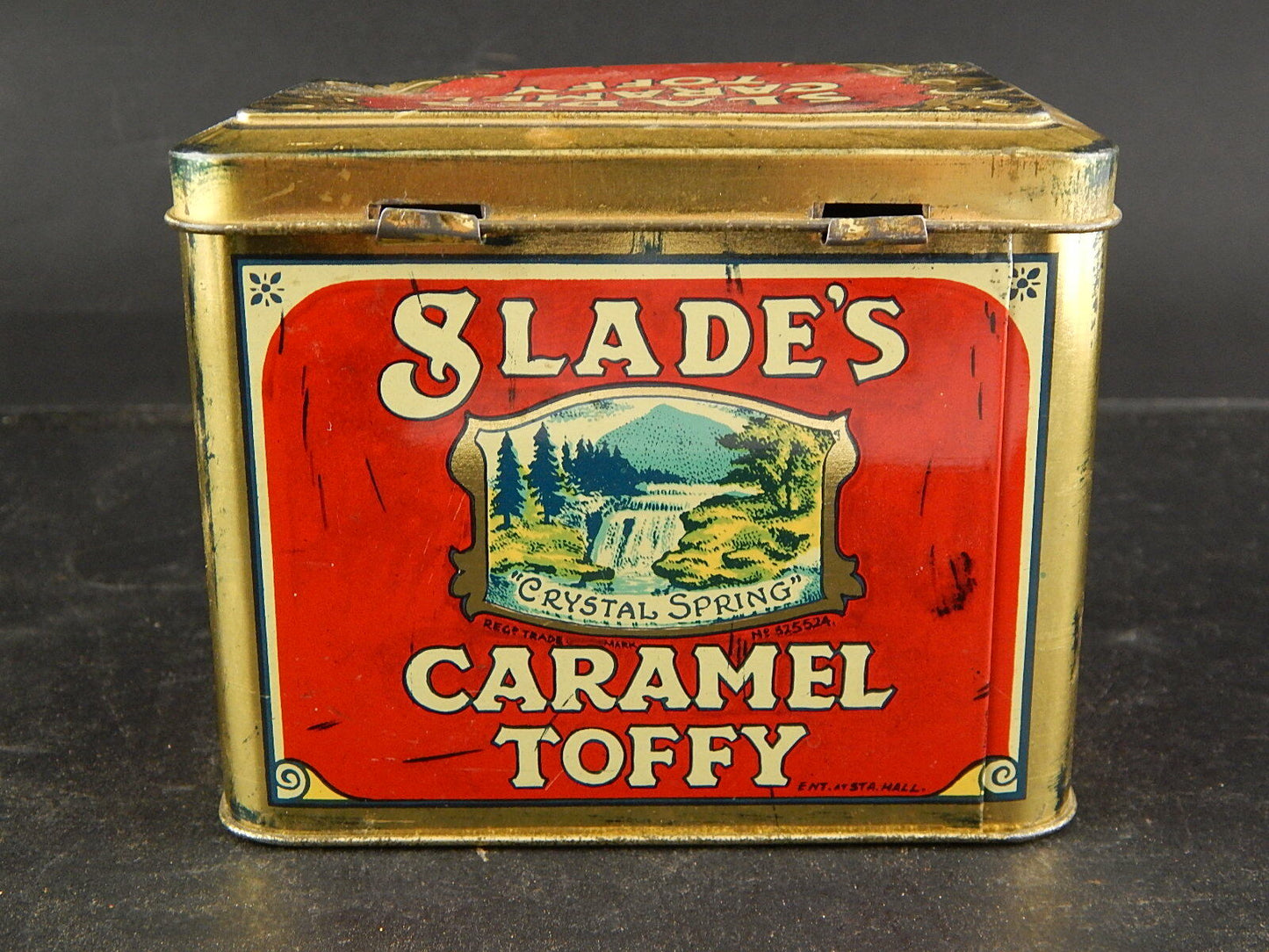PUBBLICITARIO RARA VINTAGE SCATOLA LATTA MADE ENGLAND SLADE'S CARAMEL TOFFY