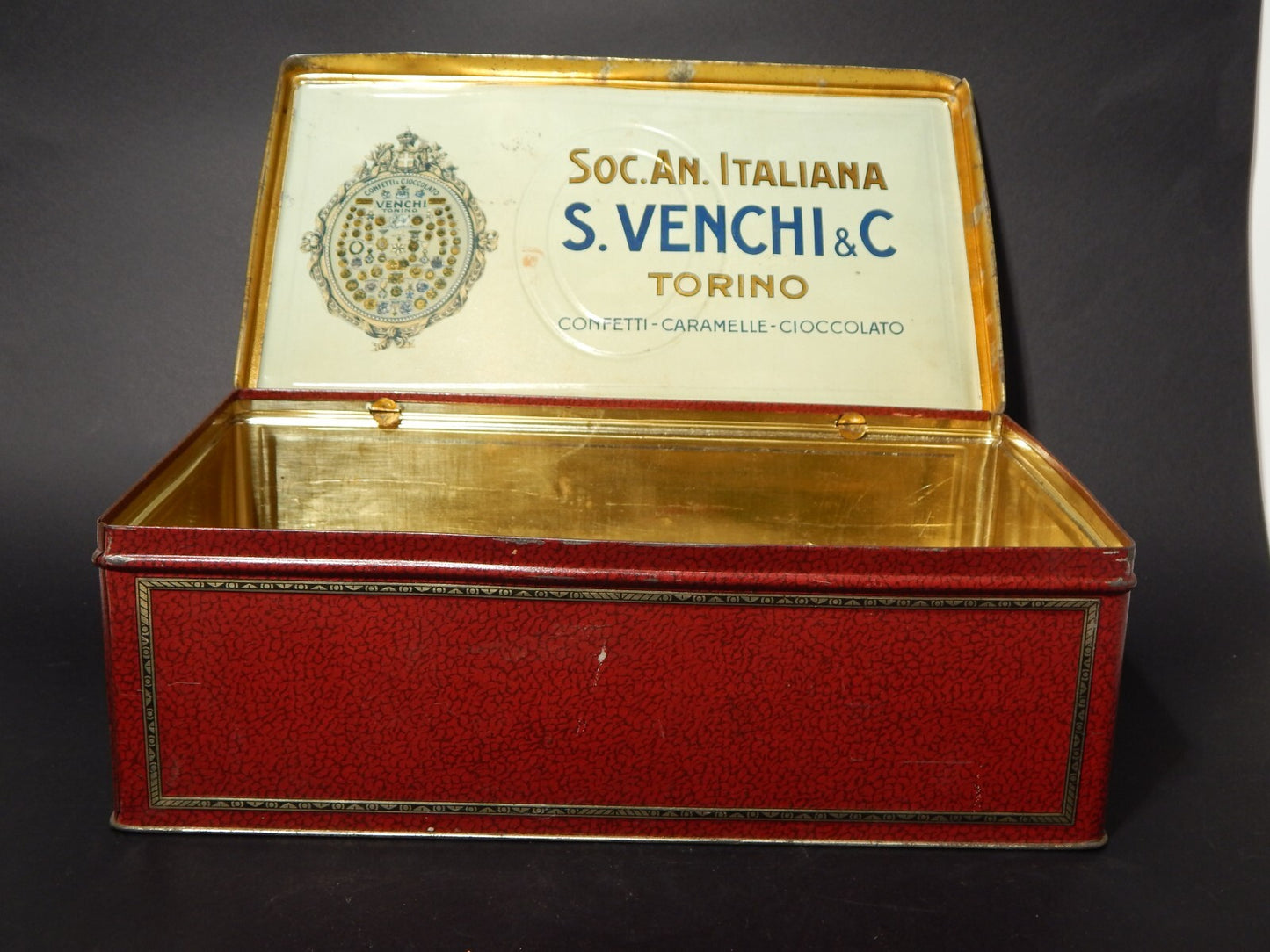 ANTICA RARA SCATOLA LATTA CARAMELLE VENCHI TORINO PUBBLICITARIO ARLECCHINO