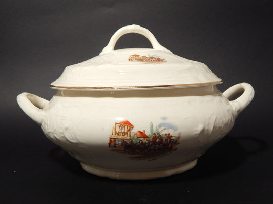 ANTICA ZUPPIERA CENTROTAVOLA CERAMICA LAVENO 1856 THE DILIGENCE LONDON IPSWICH