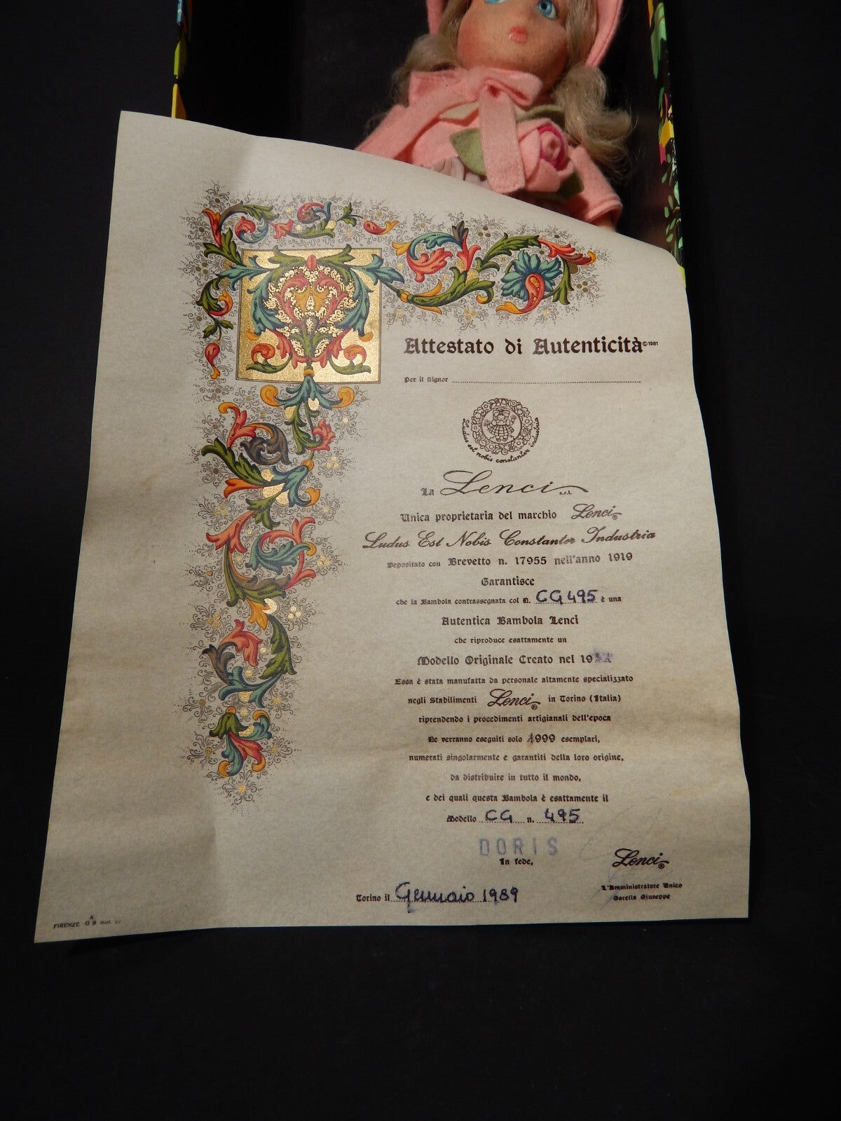 BAMBOLA LENCI TORINO MODELLO DORIS MADE IN ITALY CON SCATOLA E CERTIFICATO 1989