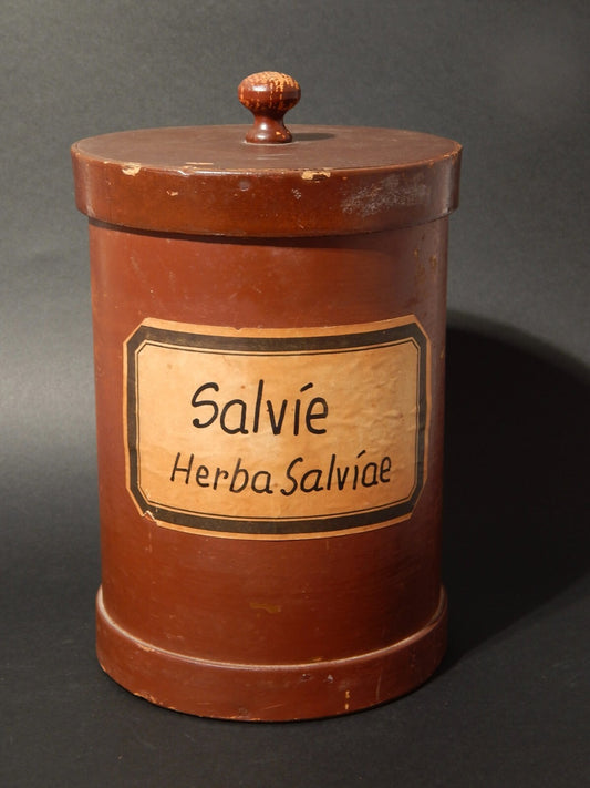 ANTICA SCATOLA CILINDRICA CARTONATA E LEGNO FARMACIA SPEZIALE ETICHETTA SALVIE