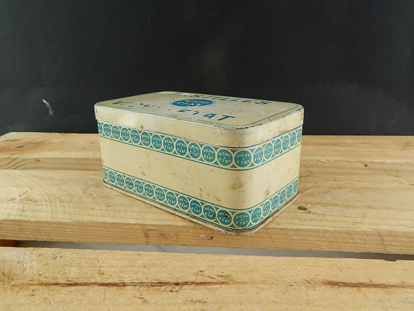 COLLEZIONE ANTICA RARA SCATOLA DI LATTA PUBBLICITARIA PASTILLES VICHY ETAT