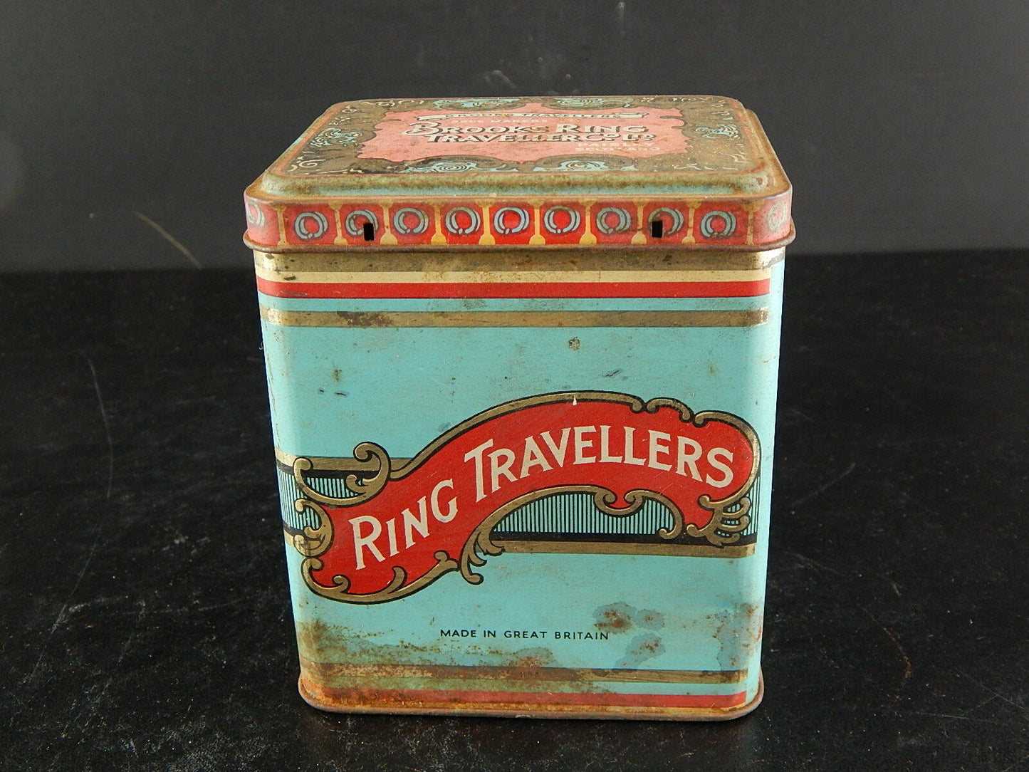 ANTICA SCATOLA LATTA PRIMO 900 RING TRAVELLERS BROOKS PAISLEY & MANCHESTER