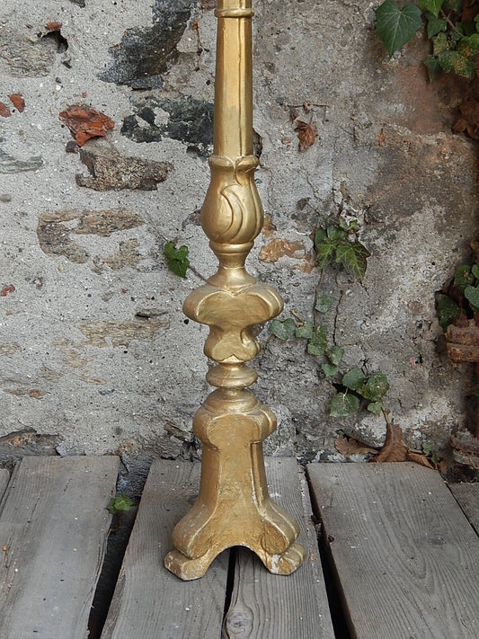 ANTICO ARTE SACRA CANDELABRO CANDELIERE TORCIERA LEGNO SCOLPITO DORATO XIX SEC.