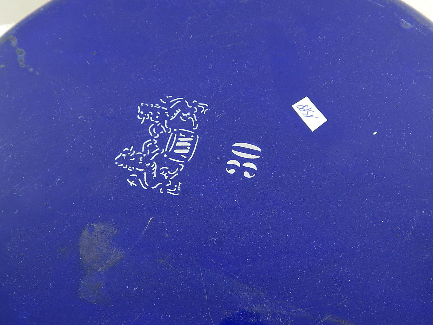 ANTICA PADELLA CON COPERCHIO LATTA METALLO SMALTATA BIANCA E BLU 2 LEONI BASSANO