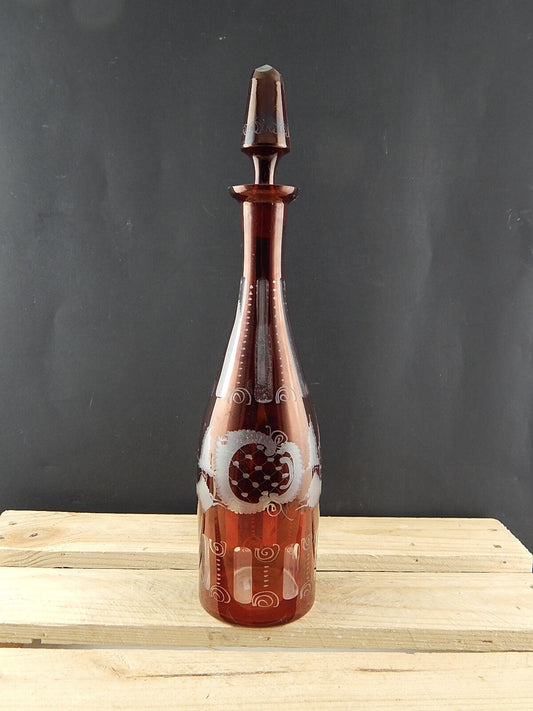 ANTICA RARA BOTTIGLIA INCISA CRISTALLO BOHEMIA BIEDERMEIER ROSSO RUBINO