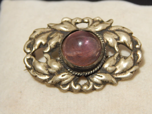 ANTICA SPILLA ART DECO ARGENTATA CON CRISTALLO COLOR AMETISTA