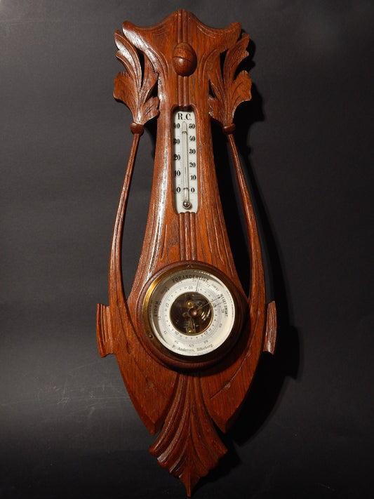 ANTICO EPOCA LIBERTY ART DECO BAROMETRO ANEROIDE E TERMOMETRO SU STRUTTURA LEGNO