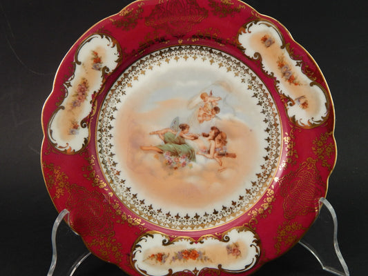 ANTICO PREZIOSO PIATTO DECORATIVO ROMANTICO PORCELLANA VIENNA ROSSO E ORO #1891