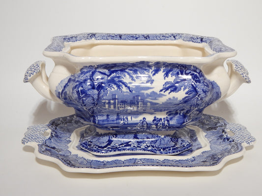 ANTICO CENTROTAVOLA FRUTTIERA CERAMICA INGLESE MASON’S DECORO VISTA BIANCO BLU