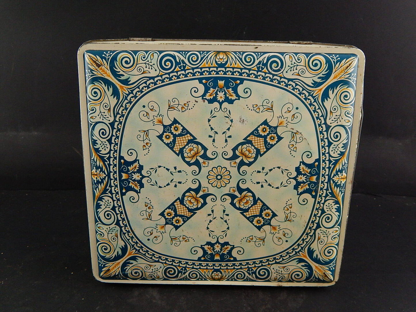 COLLEZIONE ANTICA ORIGINALE SCATOLA DI LATTA STAMPATA DECORI ARABESCHI ROUEN
