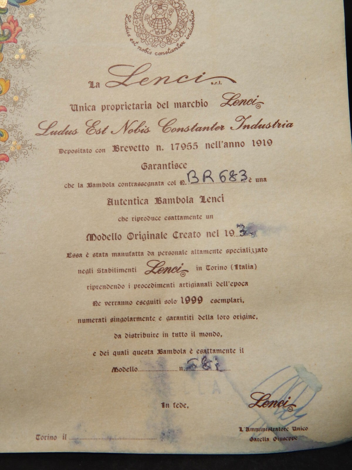 BAMBOLA LENCI TORINO MODELLO BR683 MADE IN ITALY CON SCATOLA E CERTIFICATO 1980
