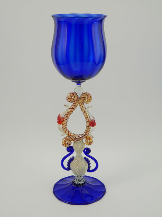 PREZIOSO MAESTOSO RARO TIPETTO CALICE MURANO VETRO BLU COBALTO SOFFIATO H. 32 CM