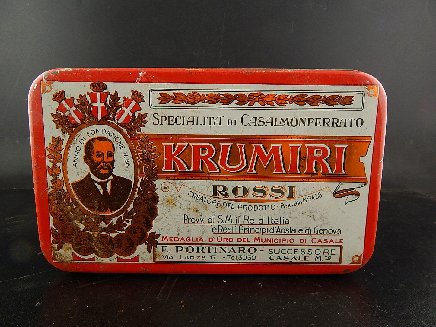 PUBBLICITARIO VINTAGE SCATOLA LATTA BISCOTTI KRUMIRI PORTINARO CASALE-MONFERRATO