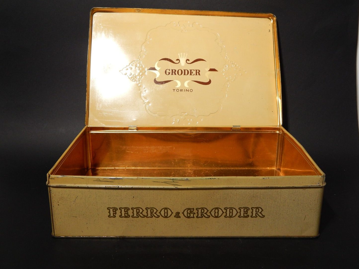 PUBBLICITARIO VINTAGE SCATOLA LATTA CIOCCOLATINI CARAMELLO GRODER FERRO TORINO