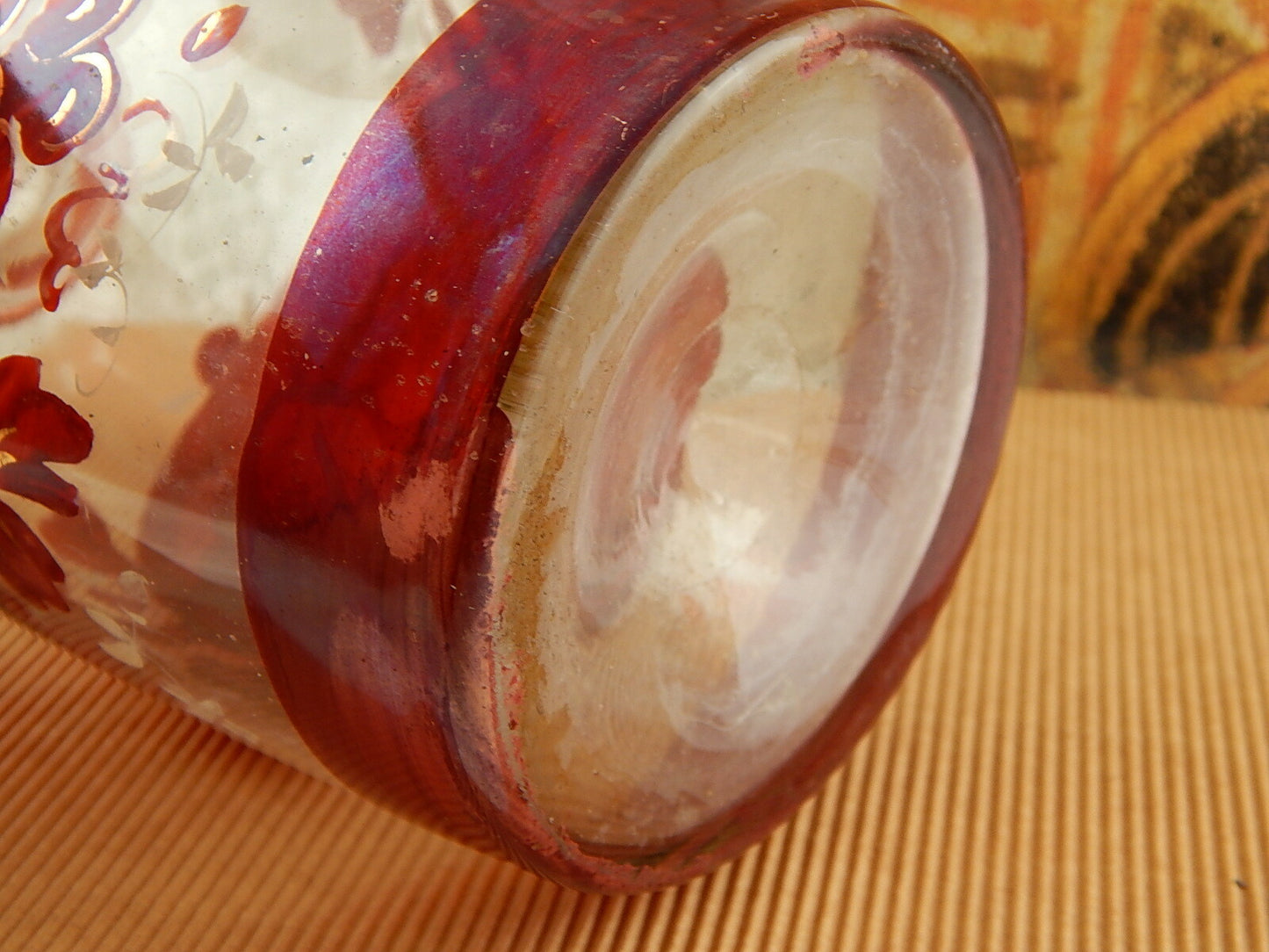 ANTICA RARA BOTTIGLIA VETRO SOFFIATO BOEMIA BIEDERMEIER DIPINTA IN ROSSO RUBINO