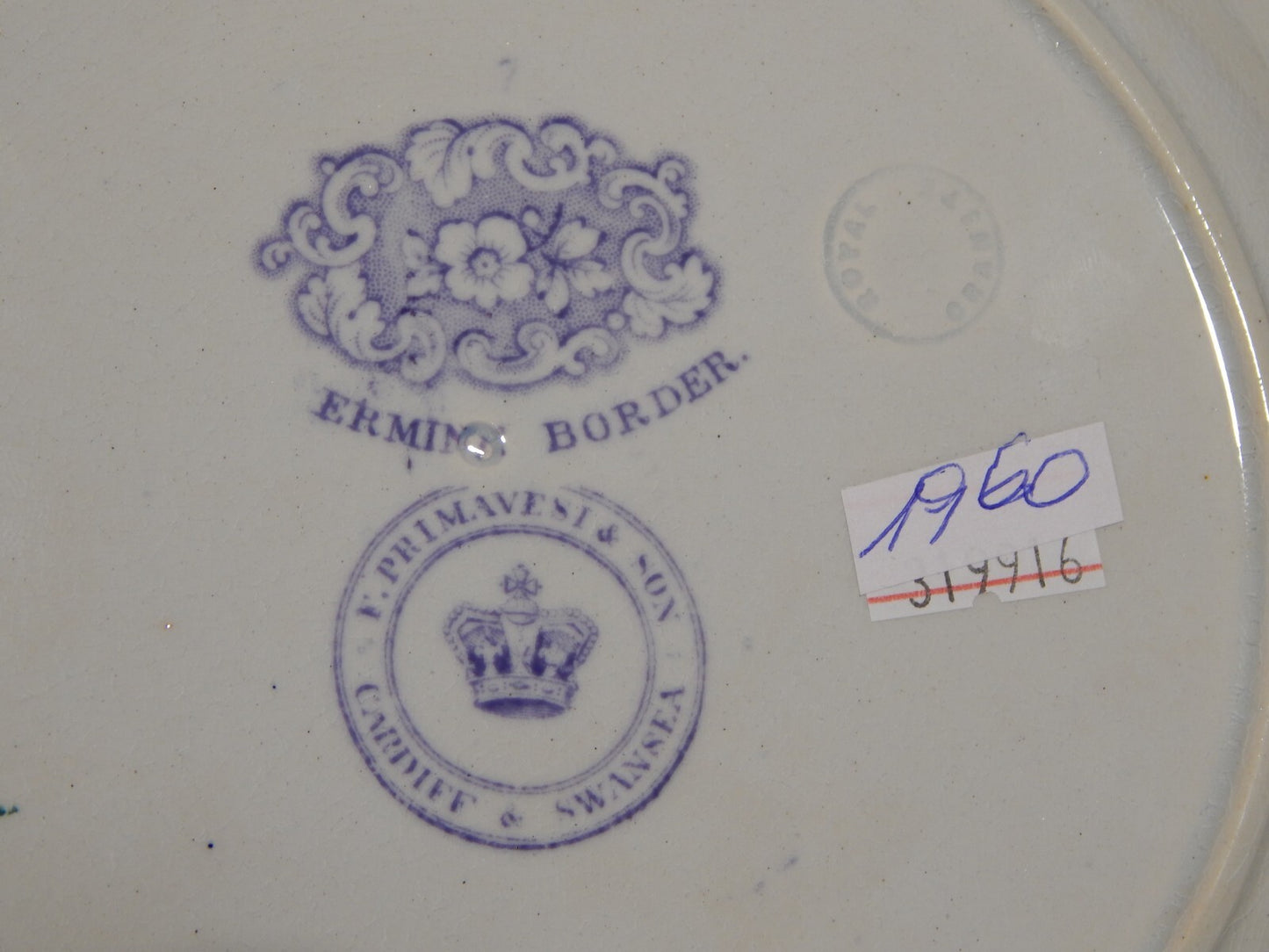 ANTICO PIATTO CERAMICA STAFFORDSHIRE PRIMAVESI DEL 1860 ERMINE BORDER VIOLA ###